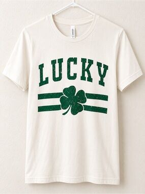 New Woman’s Bella Canvas “Lucky” Cream Tee with Green Shamrock Graphic